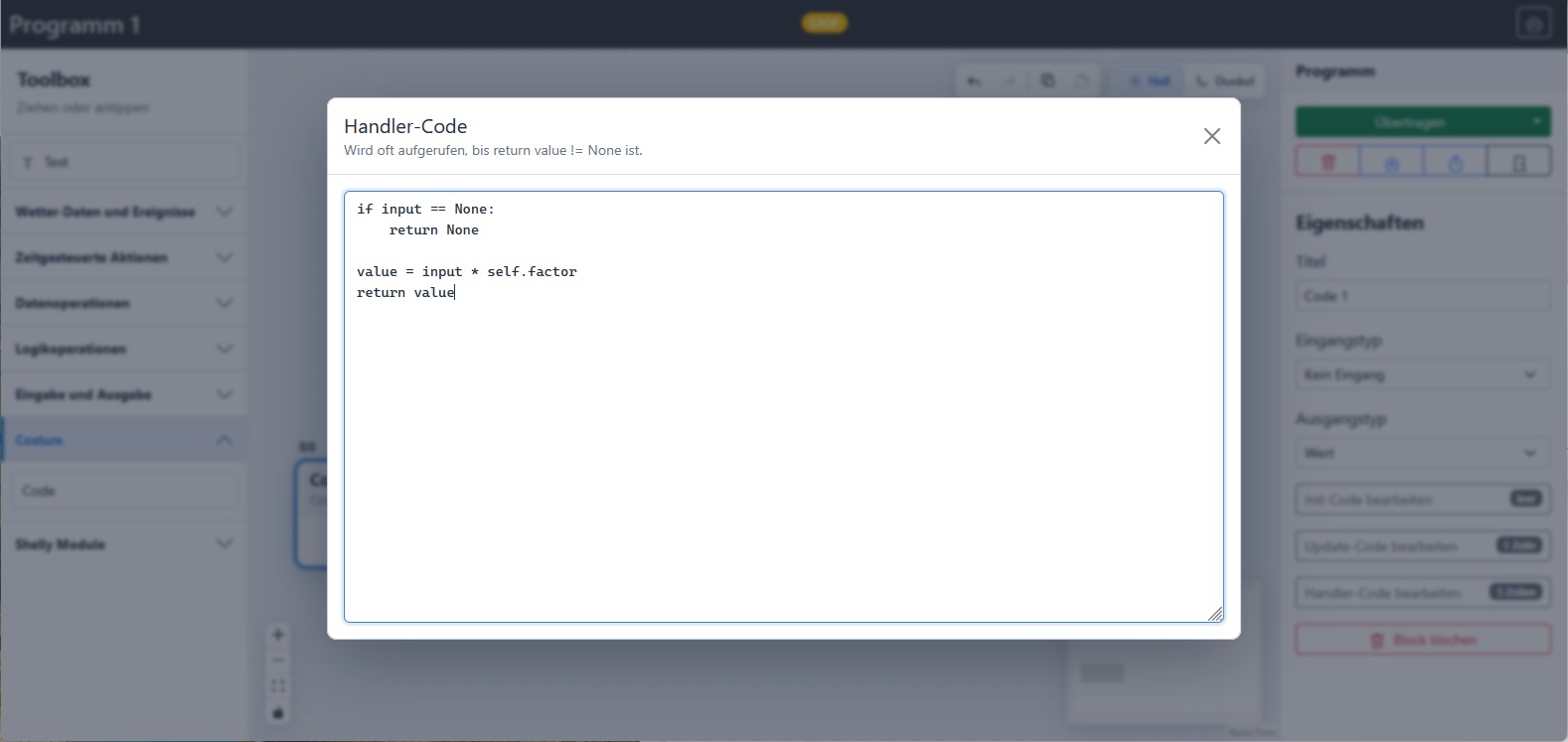 Benutzerdefinierter Code im Wetterrelais Programmeditor mit Code-Editor und Blockeigenschaften